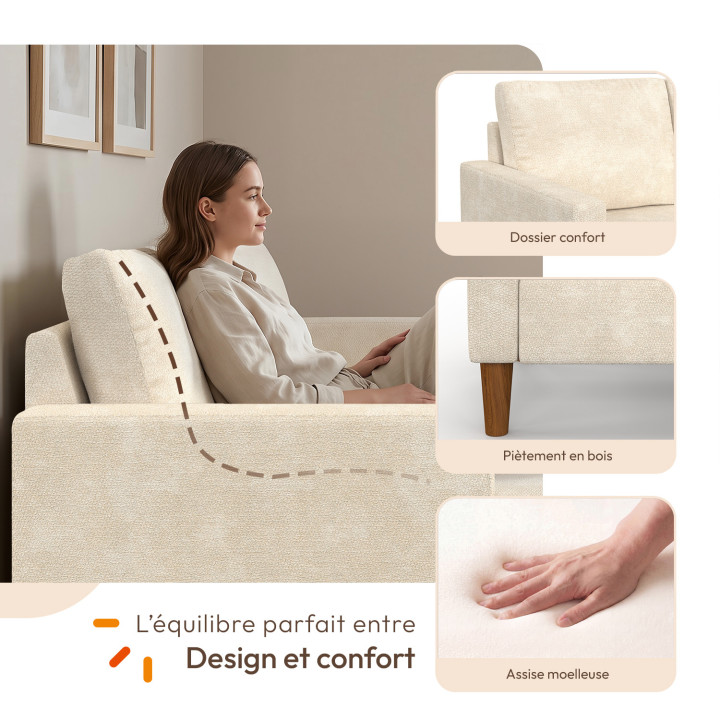 Sofá esquinero reversible de 3 plazas MARIUS de 200 cm en tejido de chenilla beige