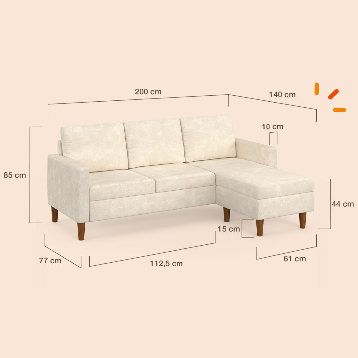 Divano ad angolo reversibile a 3 posti MARIUS da 200 cm in tessuto chenille beige