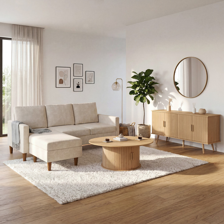 Canapé d'angle 3 places MARIUS 200 cm réversible en tissu chenille beige