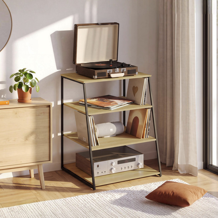 Meuble HiFi, support pour platine, enceinte et vinyle 60 cm DETROIT 4 niveaux bois et noir design industriel