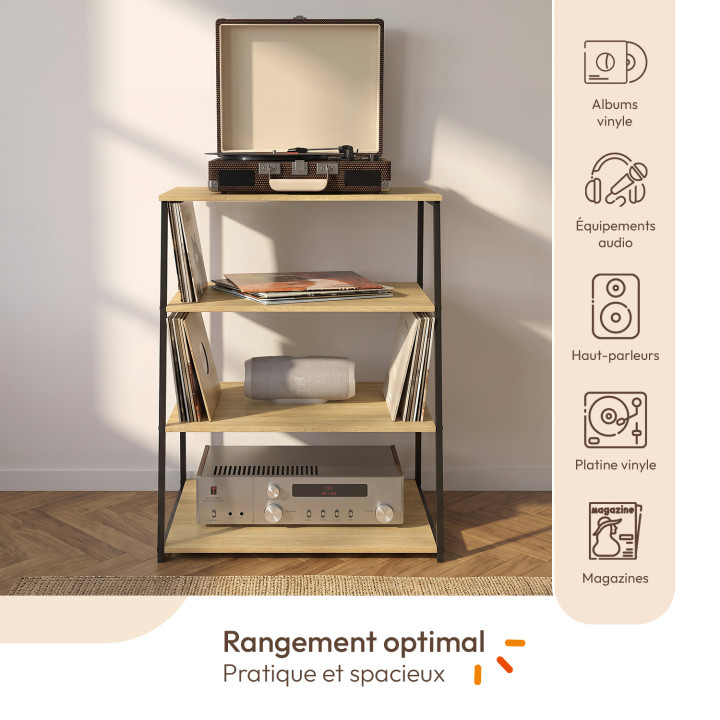 Mueble para equipo de alta fidelidad, soporte para tocadiscos, altavoces y discos de vinilo de 60 cm «DETROIT», estantería de 4