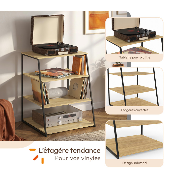 Meuble HiFi, support pour platine, enceinte et vinyle 60 cm DETROIT 4 niveaux bois et noir design industriel