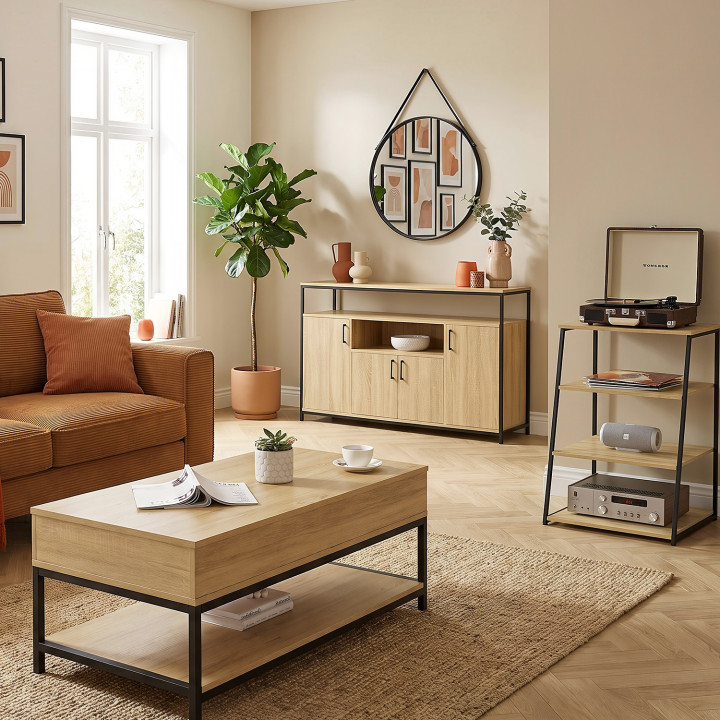 Meuble HiFi, support pour platine, enceinte et vinyle 60 cm DETROIT 4 niveaux bois et noir design industriel