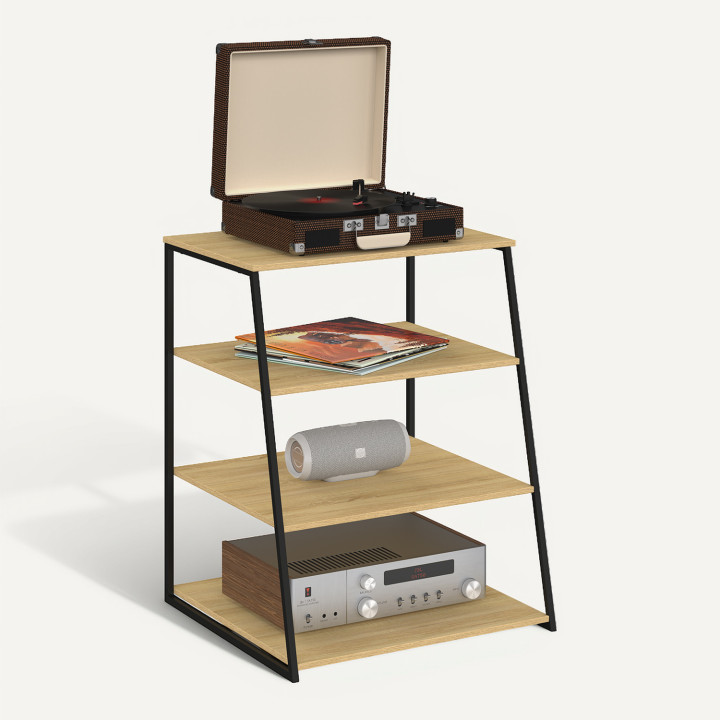 Meuble HiFi, support pour platine, enceinte et vinyle 60 cm DETROIT 4 niveaux bois et noir design industriel