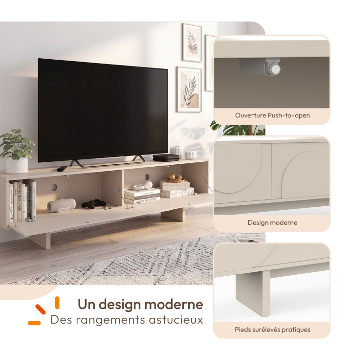 Mobile TV ARVIN da 180 cm con 2 ante dai rilievi arrotondati, in legno color beige