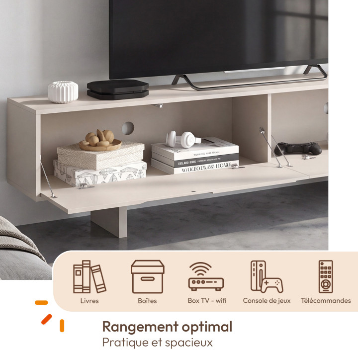 ARVIN tv-meubel van 180 cm met 2 deuren met afgeronde reliëfdetails, in beige houtkleur