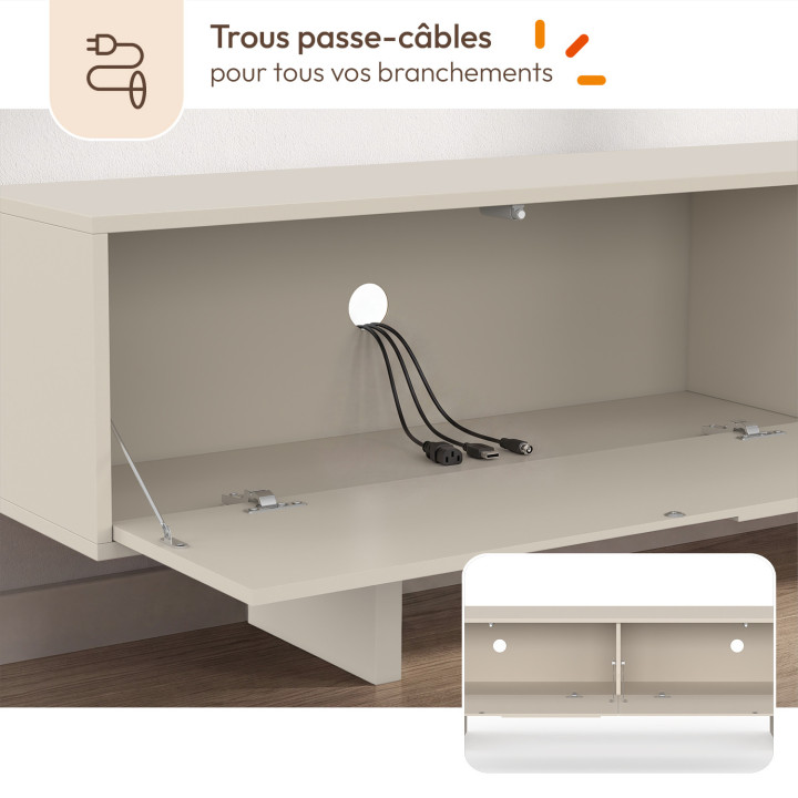 Meuble TV 180 cm ARVIN 2 portes à reliefs arrondis bois coloris beige