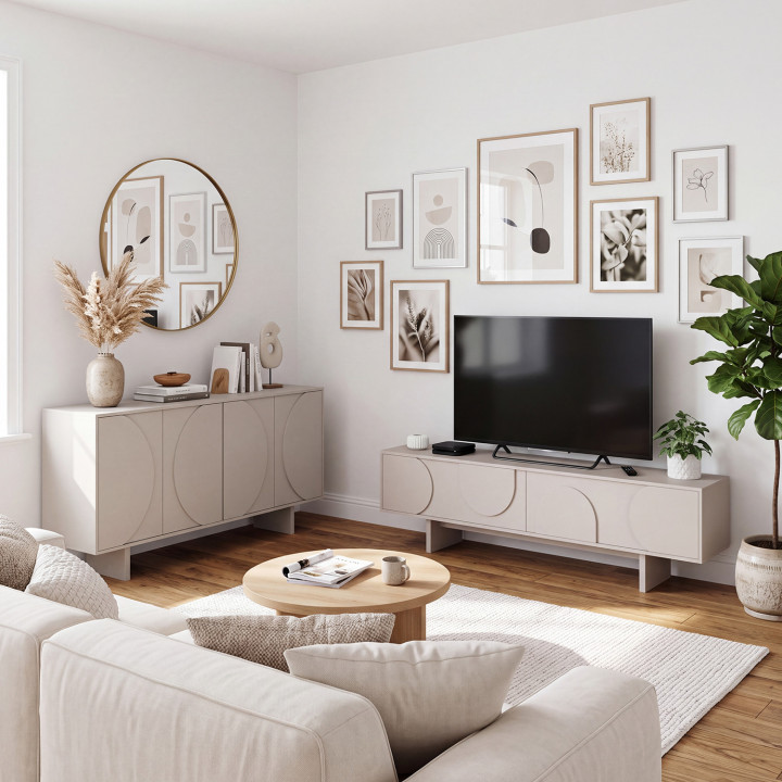 ARVIN tv-meubel van 180 cm met 2 deuren met afgeronde reliëfdetails, in beige houtkleur