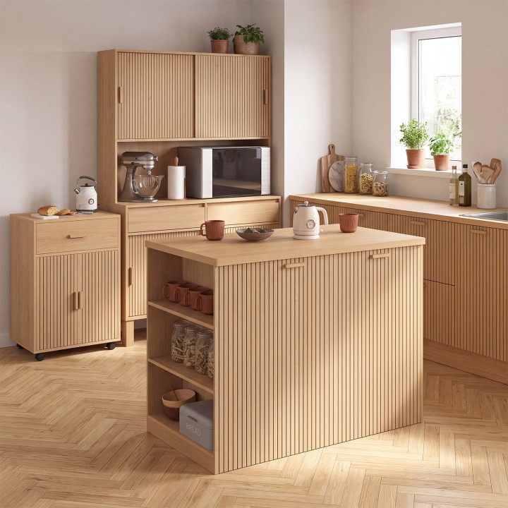 Keukenkast met servieskast 120 cm JULIETTE, hout met lattenlook