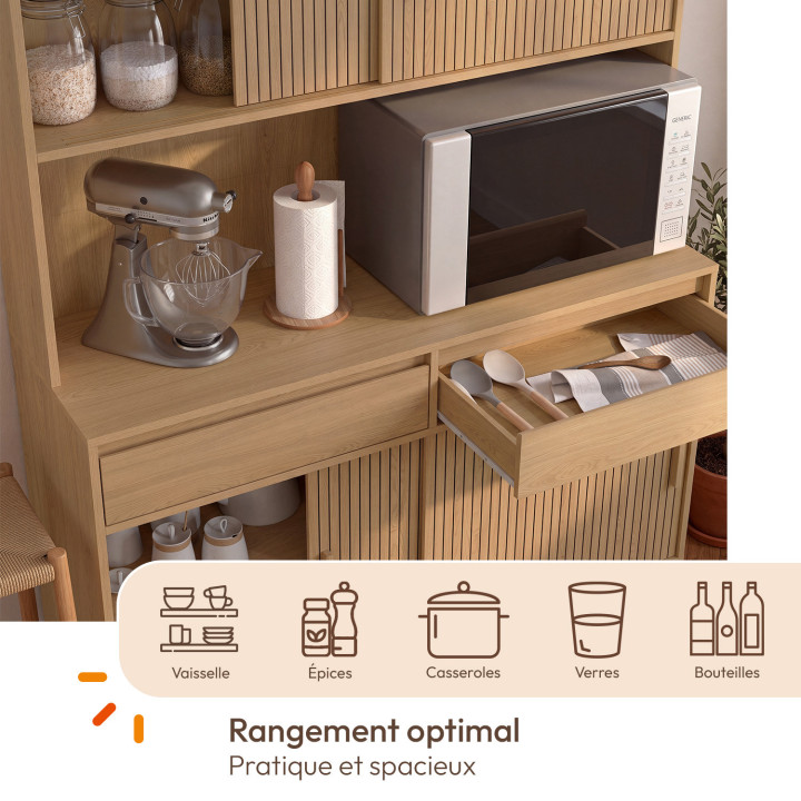 Aparador de cocina con vitrina de 120 cm JULIETTE, de madera con efecto de listones