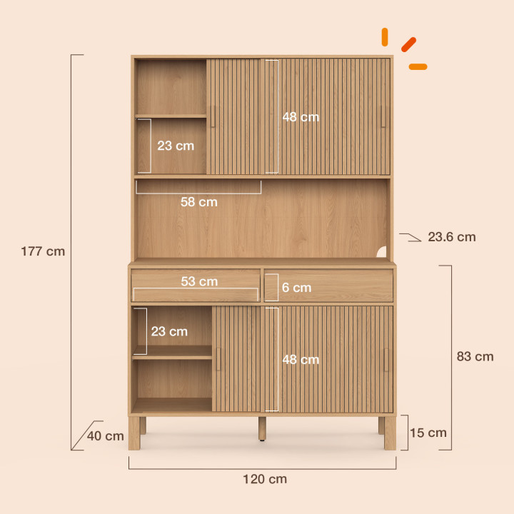 Aparador de cocina con vitrina de 120 cm JULIETTE, de madera con efecto de listones
