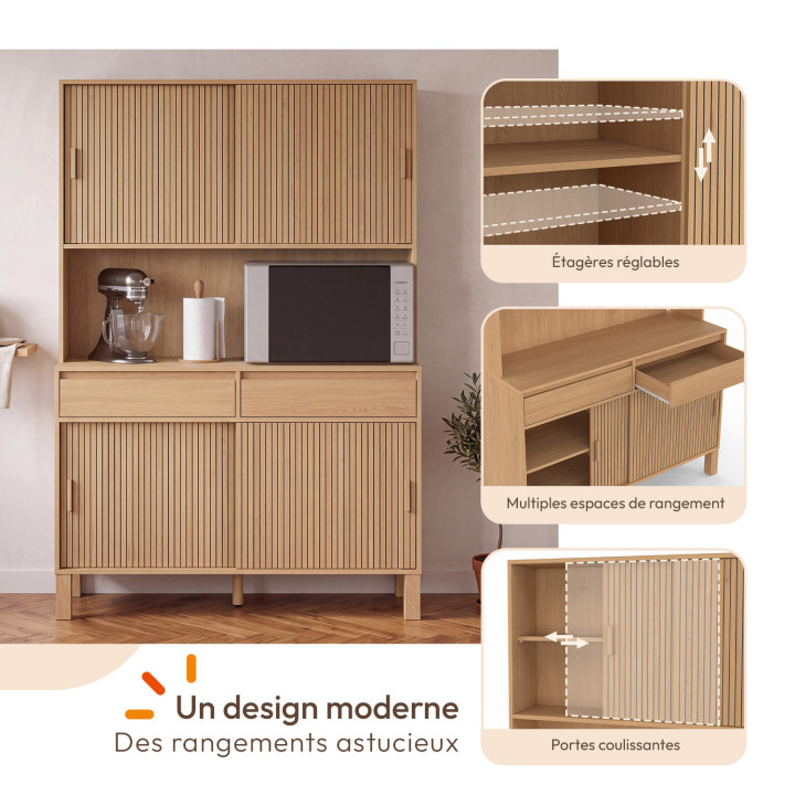 Buffet de cuisine 120 cm JULIETTE 4 portes coulissantes + 2 tiroirs effet lattes tasseau bois
