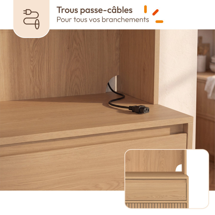 Buffet de cuisine 120 cm JULIETTE 4 portes coulissantes + 2 tiroirs effet lattes tasseau bois