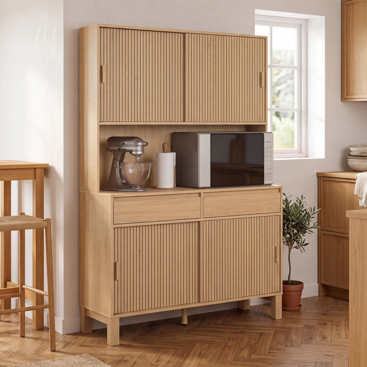 Keukenkast met servieskast 120 cm JULIETTE, hout met lattenlook