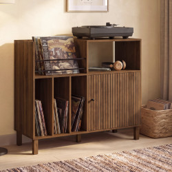 Bijzetmeubel, opbergkast met planken, houders voor vinylplaten, platenspeler en kast van 90 cm JULIETTE met houten latten in not