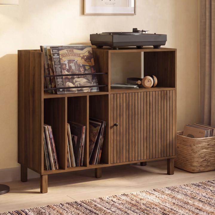 Mobile complementare, credenza con ripiani, supporti per vinili, giradischi e armadio da 90 cm JULIETTE con doghe in legno effet