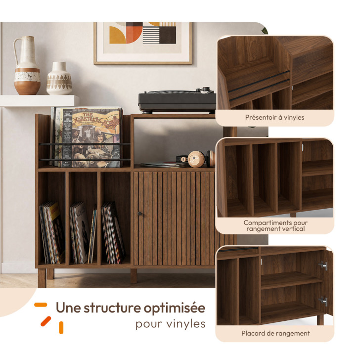 Mobile complementare, credenza con ripiani, supporti per vinili, giradischi e armadio da 90 cm JULIETTE con doghe in legno effet