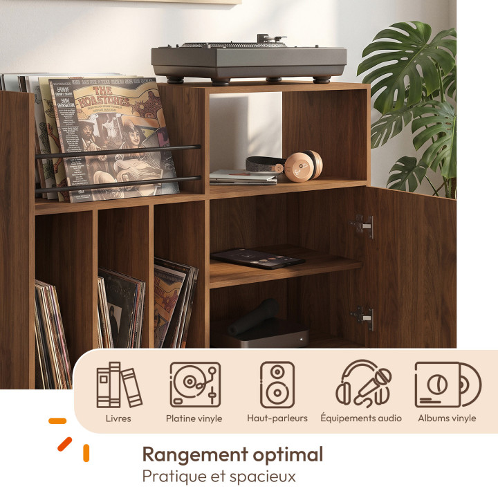 Mobile complementare, credenza con ripiani, supporti per vinili, giradischi e armadio da 90 cm JULIETTE con doghe in legno effet