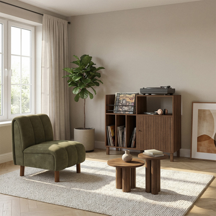 Mobile complementare, credenza con ripiani, supporti per vinili, giradischi e armadio da 90 cm JULIETTE con doghe in legno effet