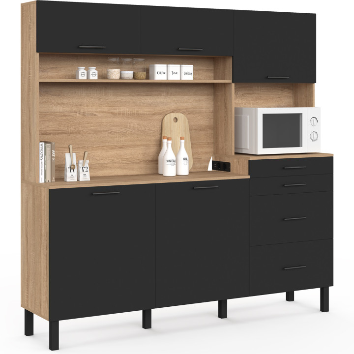 Aparador de cocina con armarios para ollas de 180 cm, modelo CINA, con 5 puertas y 3 cajones, con espacio para microondas y regl