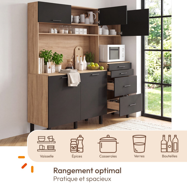 Aparador de cocina con armarios para ollas de 180 cm, modelo CINA, con 5 puertas y 3 cajones, con espacio para microondas y regl