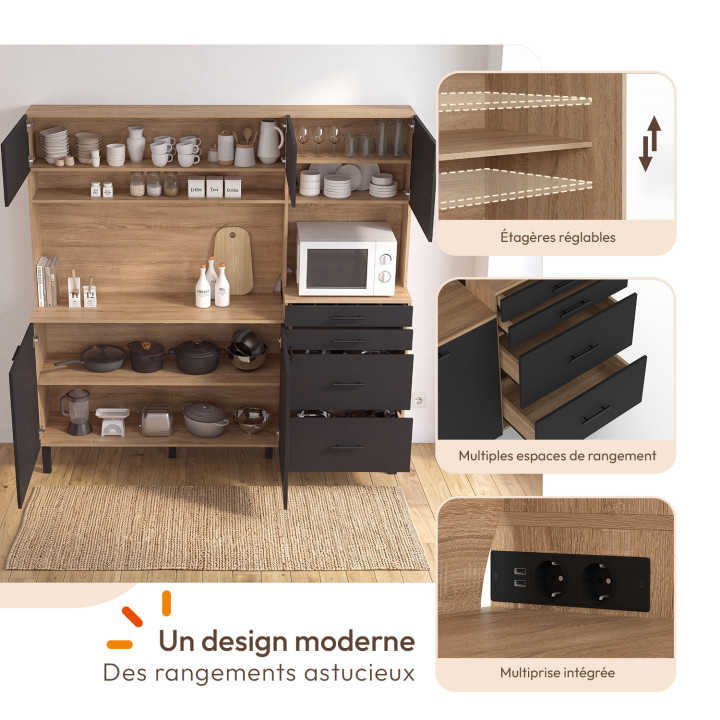 Aparador de cocina con armarios para ollas de 180 cm, modelo CINA, con 5 puertas y 3 cajones, con espacio para microondas y regl