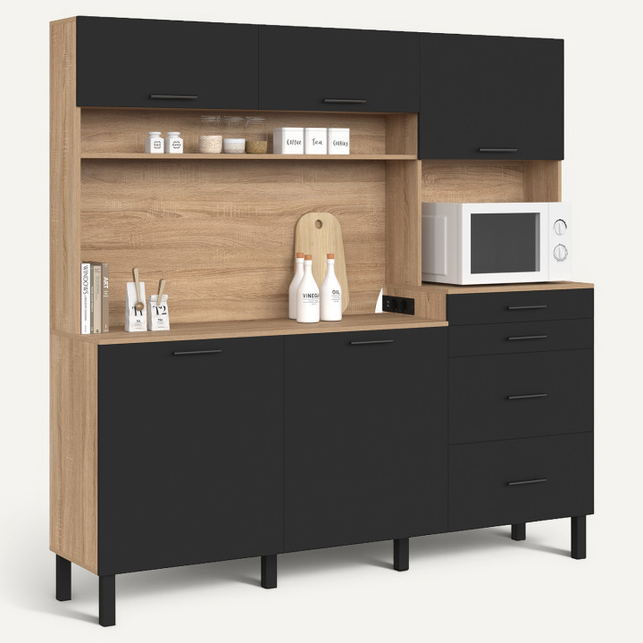 Credenza da cucina con pensili e mobili base da 180 cm, modello CINA, 5 ante + 3 cassetti, con spazio per microonde e presa mult