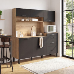 Aparador de cocina con armarios para ollas de 180 cm, modelo CINA, con 5 puertas y 3 cajones, con espacio para microondas y regl