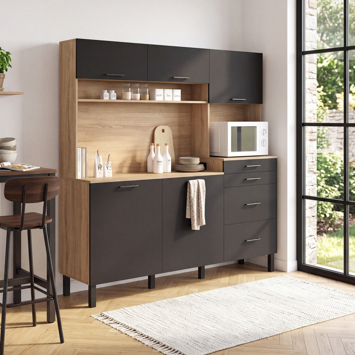 Credenza da cucina con pensili e mobili base da 180 cm, modello CINA, 5 ante + 3 cassetti, con spazio per microonde e presa mult
