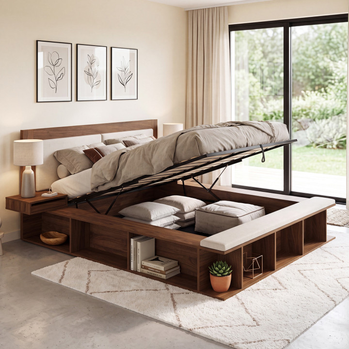 KIRO-Doppelbett mit Stauraum, gepolstertem Kopfteil, Nachttischen und Lattenrost, 140 x 190 cm, in Nussbaum-Optik und mit beigem