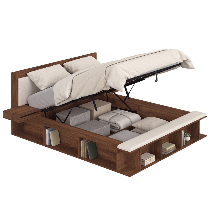 Lit coffre double KIRO avec tête de lit matelassée + tables de chevet et sommier 140 x 190 cm effet noyer et tissu beige