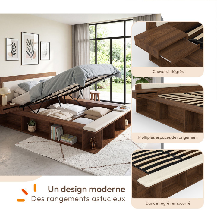 Cama doble con cajones KIRO, cabecero acolchado, mesitas de noche y somier de 140 x 190 cm con acabado en nogal y tejido beige