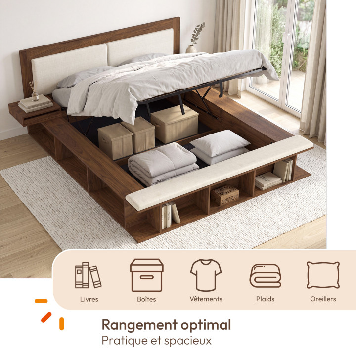 KIRO tweepersoons opbergbed met gewatteerd hoofdeinde, nachtkastjes en bedbodem 140 x 190 cm in notenhoutlook en beige stof