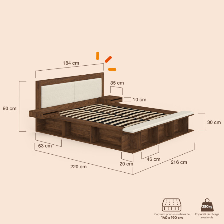 KIRO tweepersoons opbergbed met gewatteerd hoofdeinde, nachtkastjes en bedbodem 140 x 190 cm in notenhoutlook en beige stof