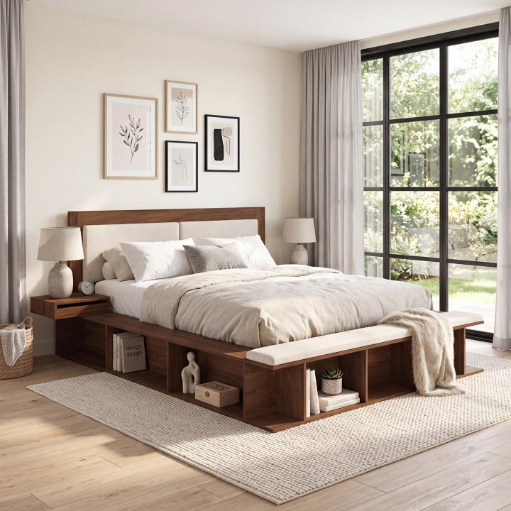 KIRO tweepersoons opbergbed met gewatteerd hoofdeinde, nachtkastjes en bedbodem 140 x 190 cm in notenhoutlook en beige stof