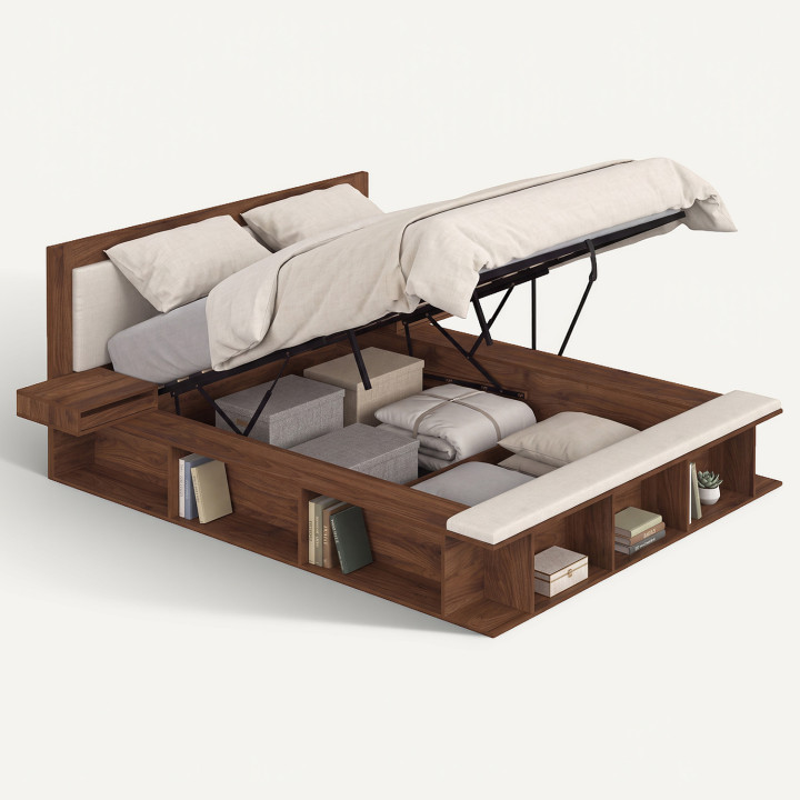 Letto matrimoniale a contenitore KIRO con testiera imbottita, comodini e rete da 140 x 190 cm con effetto noce e tessuto beige