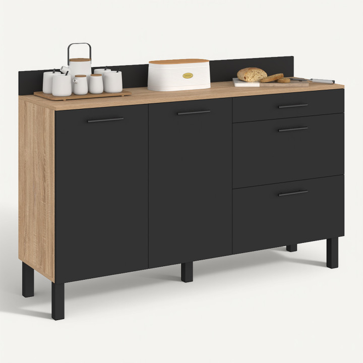 Laag keukenkastje met pannenrek, 140 cm, CINA, werkblad H. 83 cm, 2 deuren + 3 lades, beuken en zwart