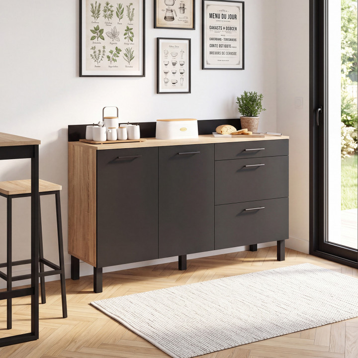 Mueble bajo de cocina con espacio para ollas, 140 cm, modelo CINA, encimera de 83 cm de altura, 2 puertas y 3 cajones, en haya y