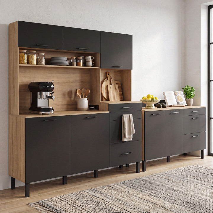 Mueble bajo de cocina con espacio para ollas, 140 cm, modelo CINA, encimera de 83 cm de altura, 2 puertas y 3 cajones, en haya y
