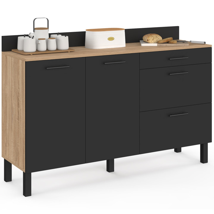 Laag keukenkastje met pannenrek, 140 cm, CINA, werkblad H. 83 cm, 2 deuren + 3 lades, beuken en zwart