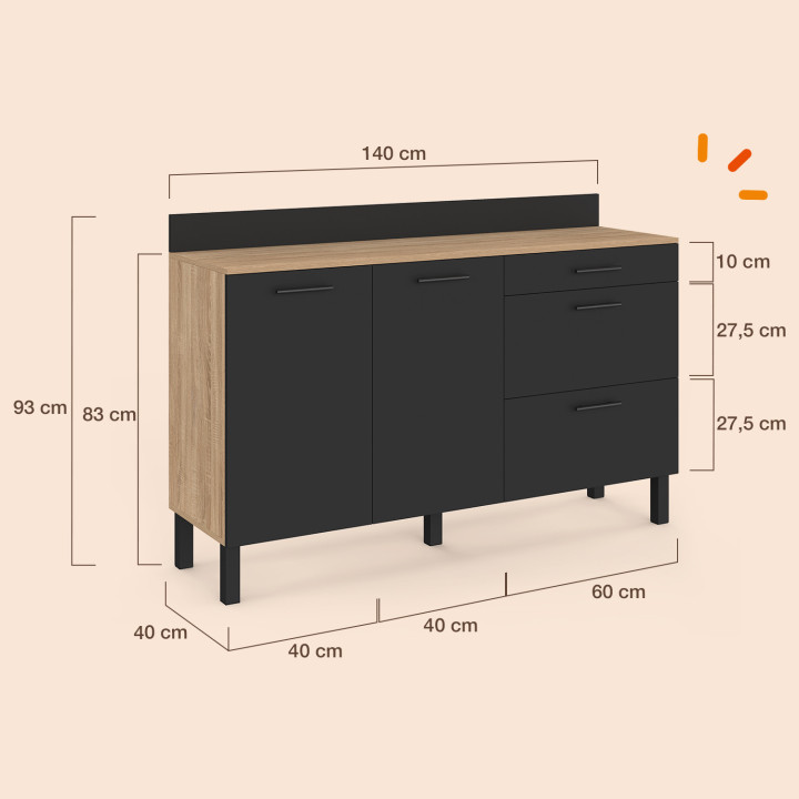 Laag keukenkastje met pannenrek, 140 cm, CINA, werkblad H. 83 cm, 2 deuren + 3 lades, beuken en zwart