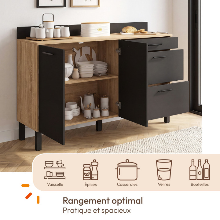 Buffet bas casserolier de cuisine 140 cm CINA plan de travail H.83 cm 2 portes + 3 tiroirs hêtre et noir