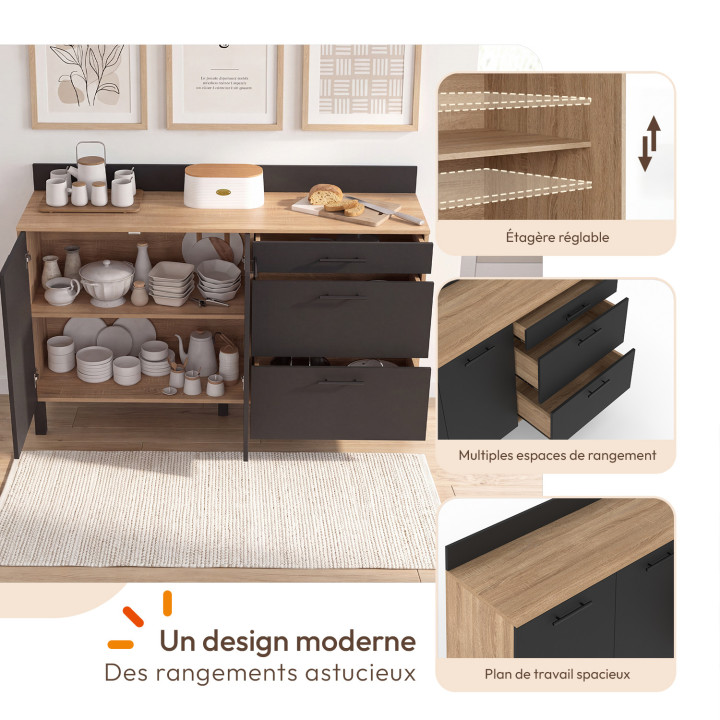 Mueble bajo de cocina con espacio para ollas, 140 cm, modelo CINA, encimera de 83 cm de altura, 2 puertas y 3 cajones, en haya y