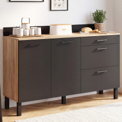 Niedriger Küchenschrank mit Topfablage, 140 cm, CINA, Arbeitsplatte H 83 cm, 2 Türen + 3 Schubladen, Buche und Schwarz