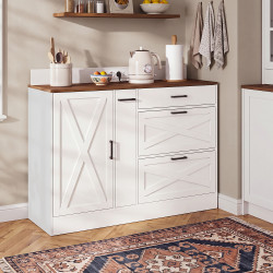 Lage keukenkast met pannenrek, 120 cm, model LOUISE, met kruidenlade en stekkerdoos, wit en hout met notenlook