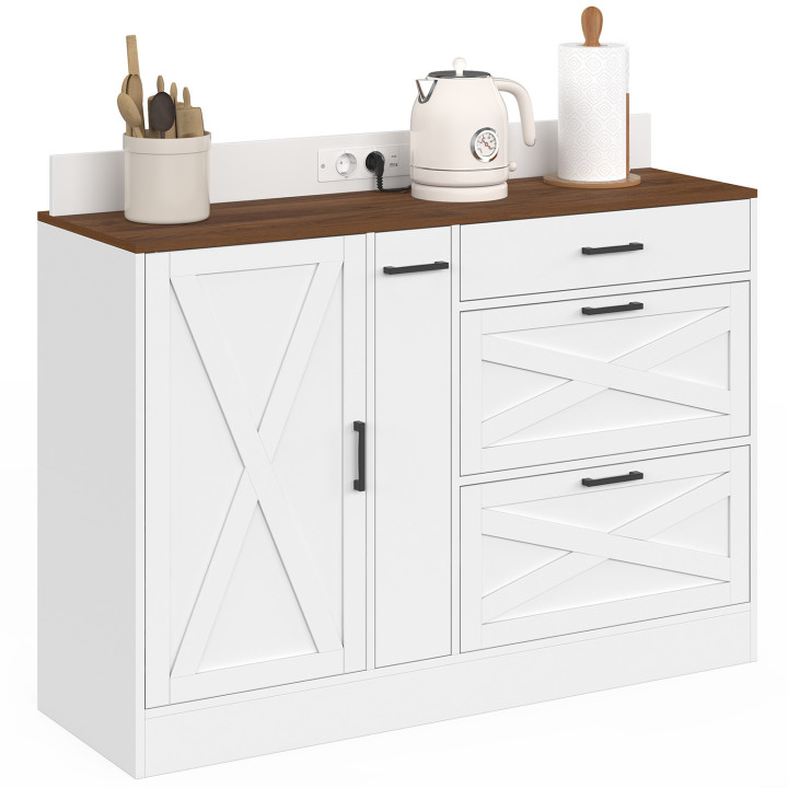 Niedriger Küchenschrank „LOUISE“ (120 cm) mit Gewürzschublade und Mehrfachsteckdose, in Weiß und Holzoptik in Nussbaum