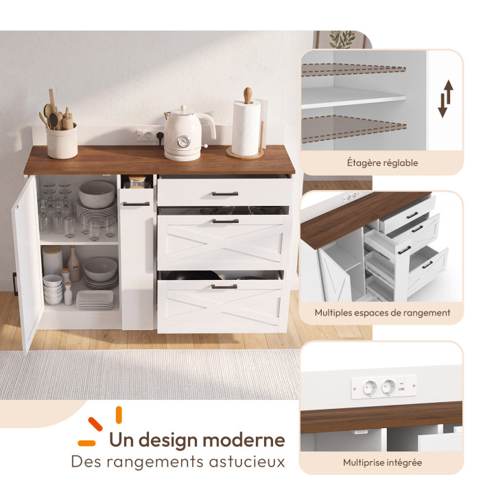 Aparador bajo de cocina con espacio para ollas de 120 cm, modelo LOUISE, con cajón para especias y regleta, en blanco y madera c