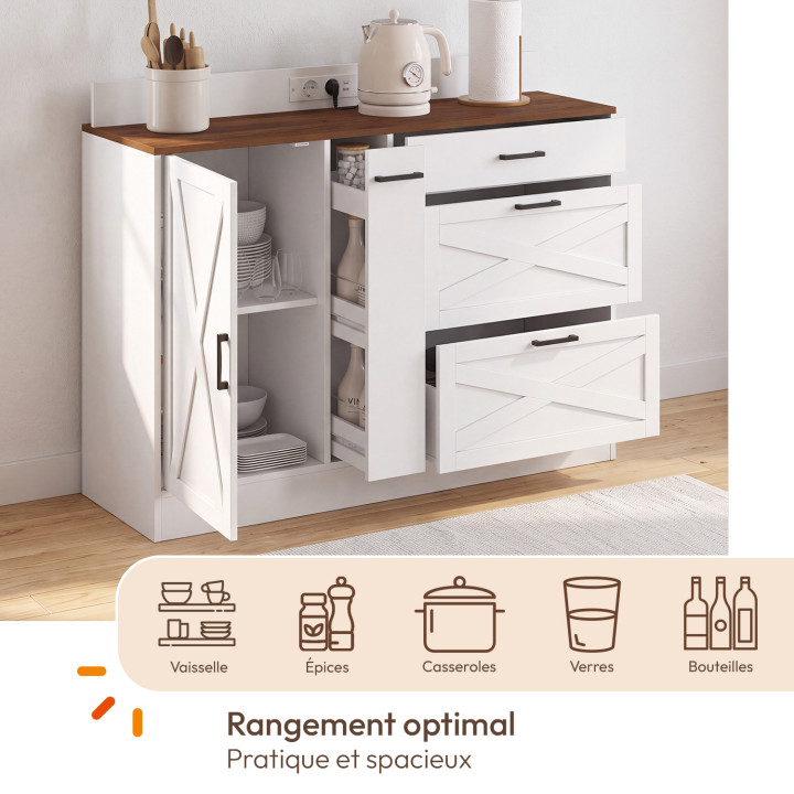 Buffet bas casserolier de cuisine 120 cm LOUISE avec tiroir range épices et prises bois et blanc