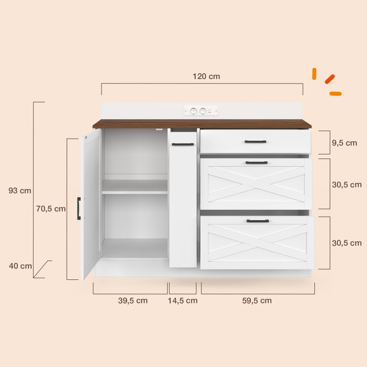 Buffet bas casserolier de cuisine 120 cm LOUISE avec tiroir range épices et prises bois et blanc