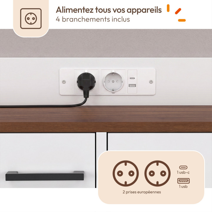 Aparador bajo de cocina con espacio para ollas de 120 cm, modelo LOUISE, con cajón para especias y regleta, en blanco y madera c